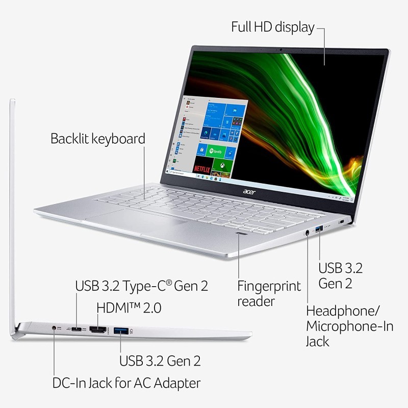 Acer 宏碁 Swift 3 轻薄笔记本电脑 | 14 英寸全高清 IPS * sRGB 显示屏 | AMD 锐龙 7 5700U 八核处理器 | 8GB LPDDR4X | 512GB NVMe SSD | WiFi 6 | 背光 KB